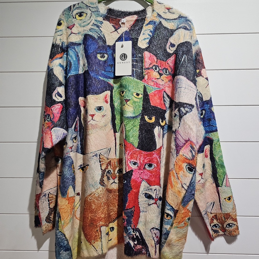Gunest Colorful Cat Pattern Sweater